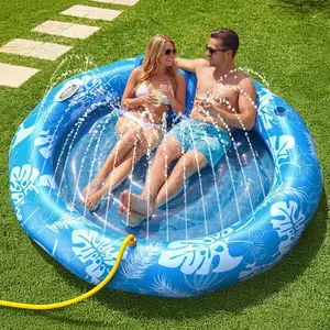 DSQUU XL-Inflatable Tanning Pool Lounger Float with Sprinkler, 72"x65" Round Pool Float Adults with Pillow XL Cup Holder Handle Blow Up Tanning Bed for Summer Sunbathing Water Lounge Party Gifts, Blue suntan