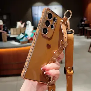 Electroplated Solid Heart Phone Case with Lanyard and Wrist Strap, Portable for Daily Use and Travel, Fits Samsung Galaxy A12 A13 A25 A52 A36 A17 A53 A54 A55 A56