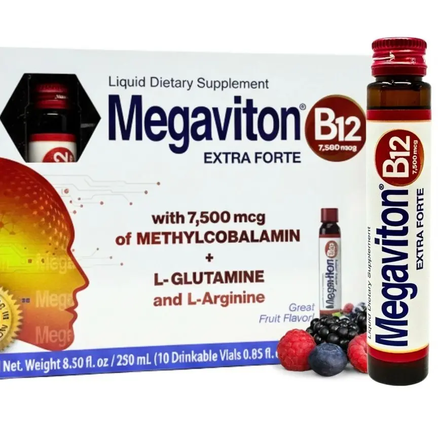 Neurobion Megaviton B12 Extra Forte Edible Natural Dietary Supplement - Strawberry-Flavored Liquid, 7500 mcg Vitamin-Mineral Support, 10 Drinkable Vials (8.50oz) for Energy Boost