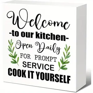 Rustic Kitchen Sign Decor, Welcome to Our Kitchen Open Daily Wood Block Signs, Farmhouse Kitchen Wooden Box Sign Decor for Kitchen Shelf Counter Desk Table Decor 5x5 inch