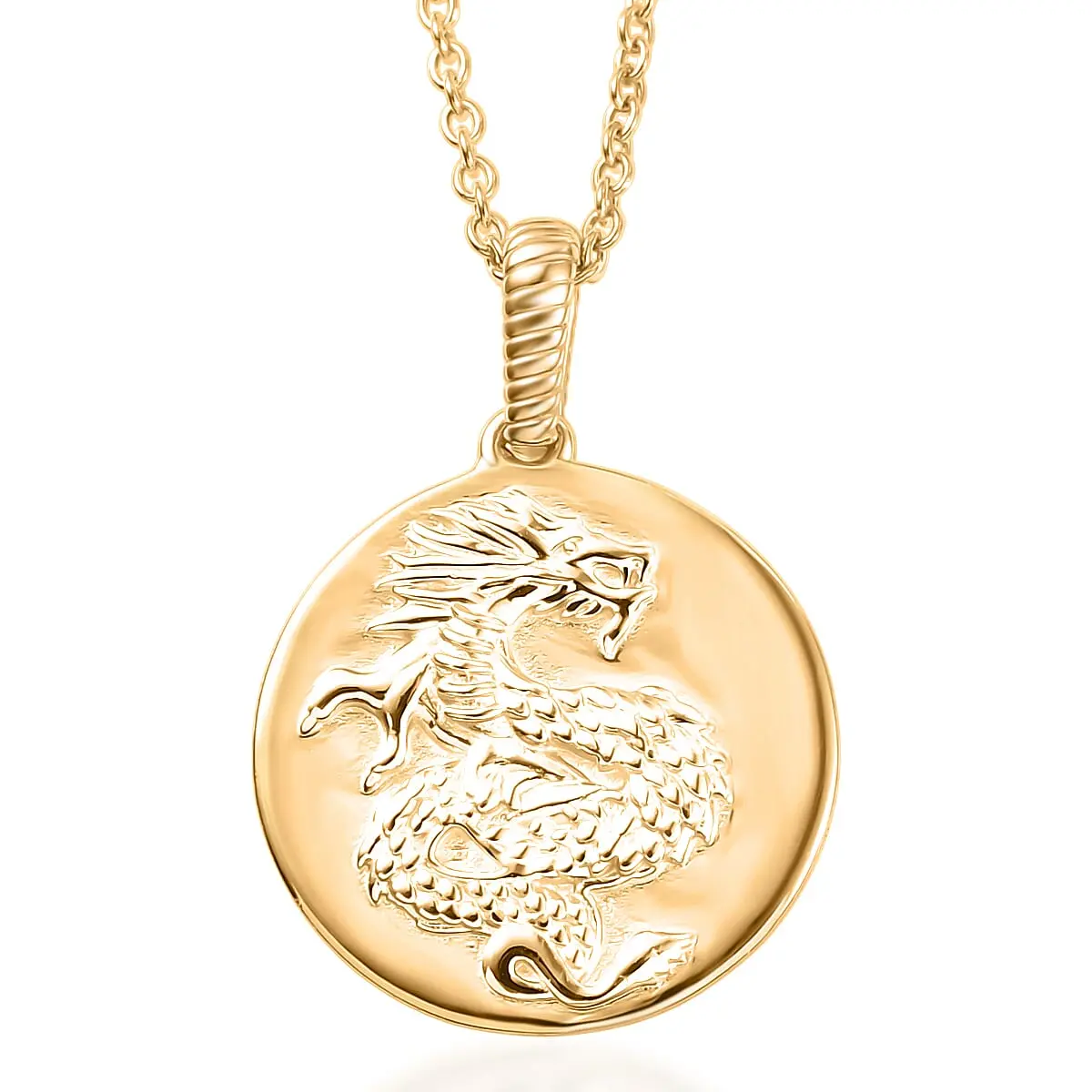 Bronzella Collection Dragon Coin Pendant in 18K YG Plated Bronze with ION Plated Yellow Gold Stainless Steel Necklace 20 Inches