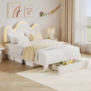 Bed Frame, Adjustable Headboard and Storage Drawer, Boucle Upholstered Platform Bed for Kids, Lamb Fleece Fabric
