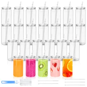 HILAKE 25pcs 16oz Can-Shaped Clear Water Cups, Portable Design with Lids, Straws, Cup Brushes & Straw Brushes, Perfect for Birthday Party Gifts, Coworker Gatherings, Valentine's Day Gifts, Ideal for Friends, Colleagues & Lovers