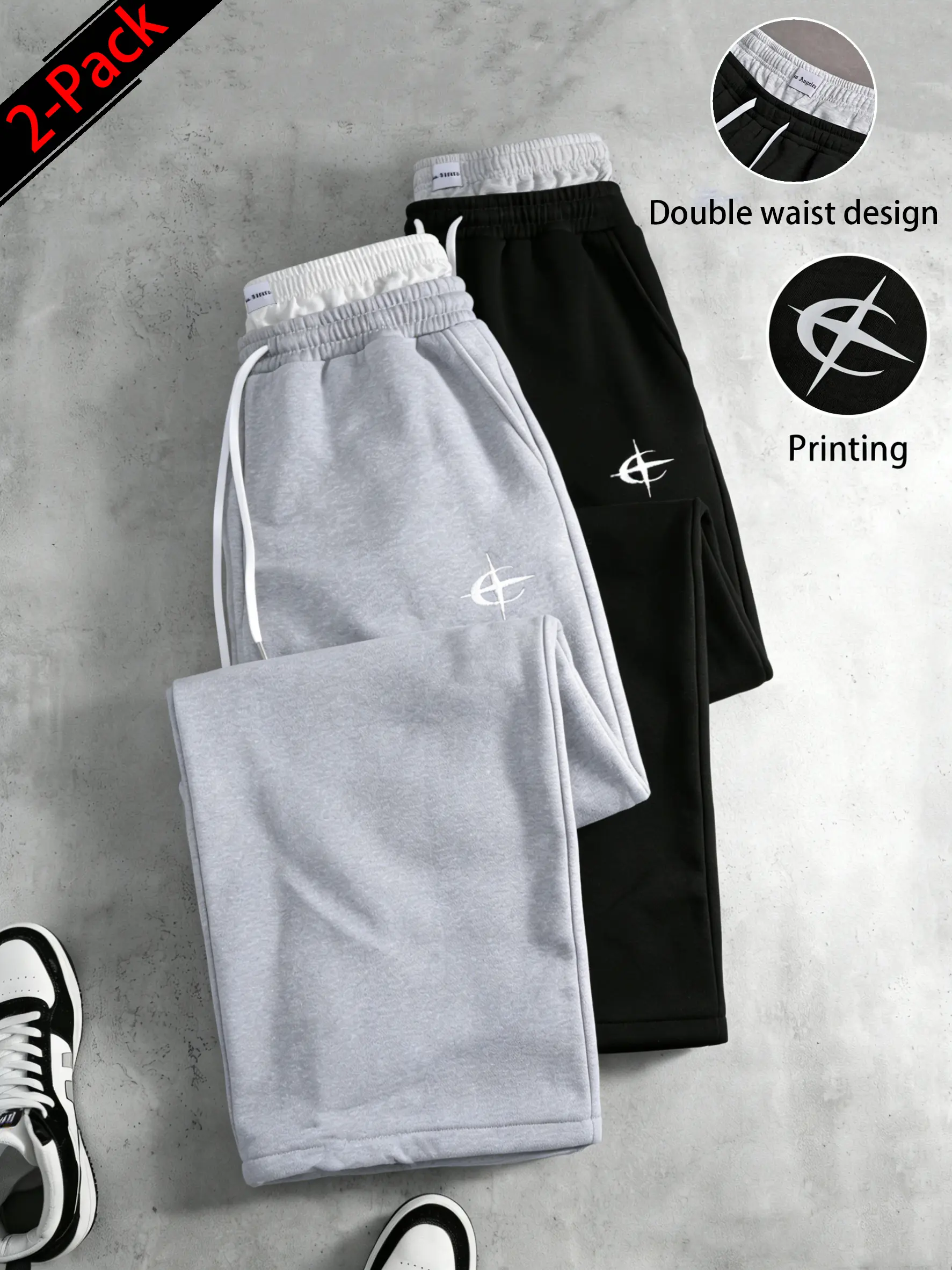 Available in packs of 1/2/3 pieces; unisex Y2K street style. Double-waist workout joggers featuring a star print faux two-piece design with contrasting double waistband detailing. Unisex street-style loose casual jogger pants—perfect for creating fashiona