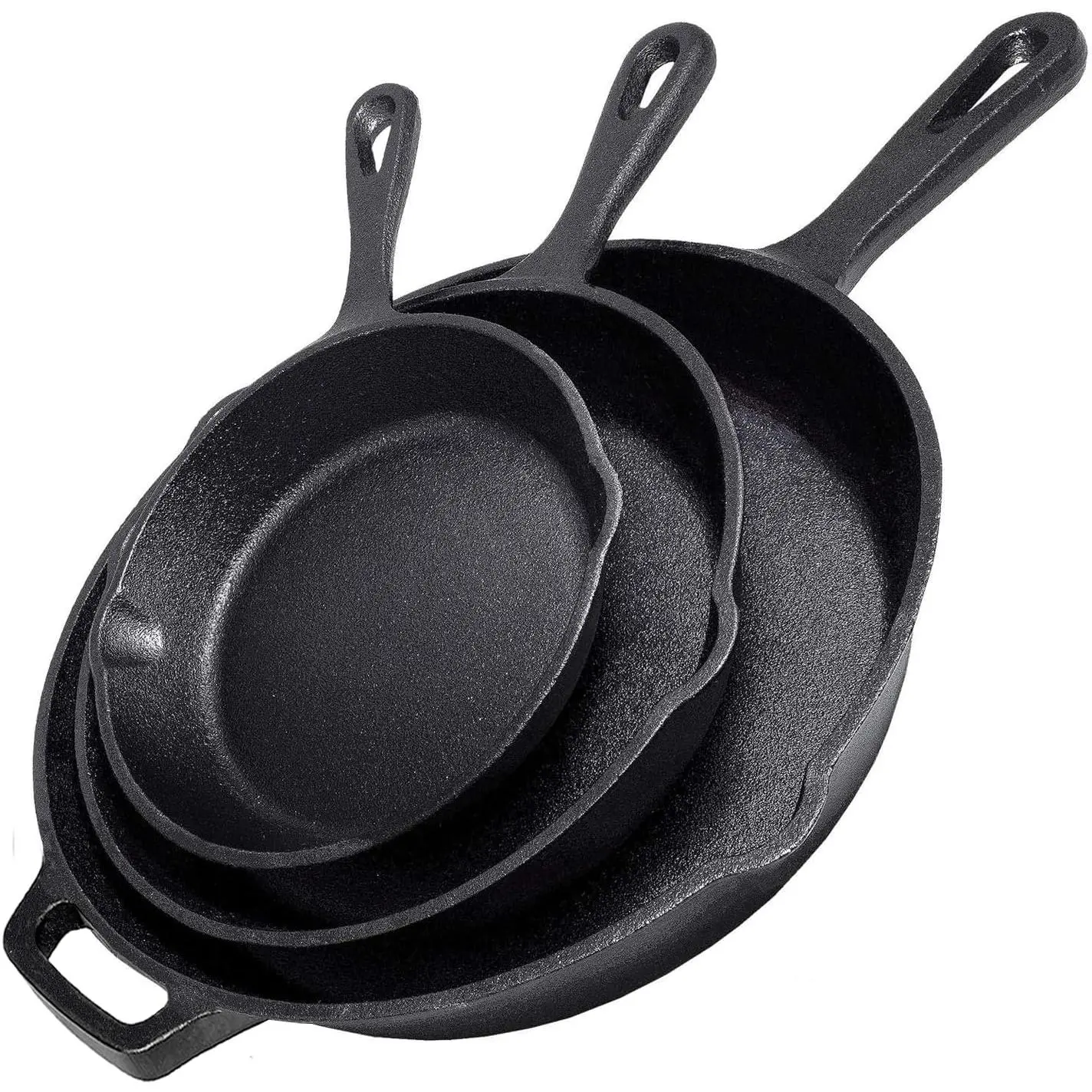3-Piece Pre-Seasoned Cast Iron Skillet Set - 6in, 8in, 10in Heavy-Duty Frying Pans, Induction-Compatible, Oil-Enhanced Nonstick Cookware for Indoor Traditional Frying, Sauteing, Black