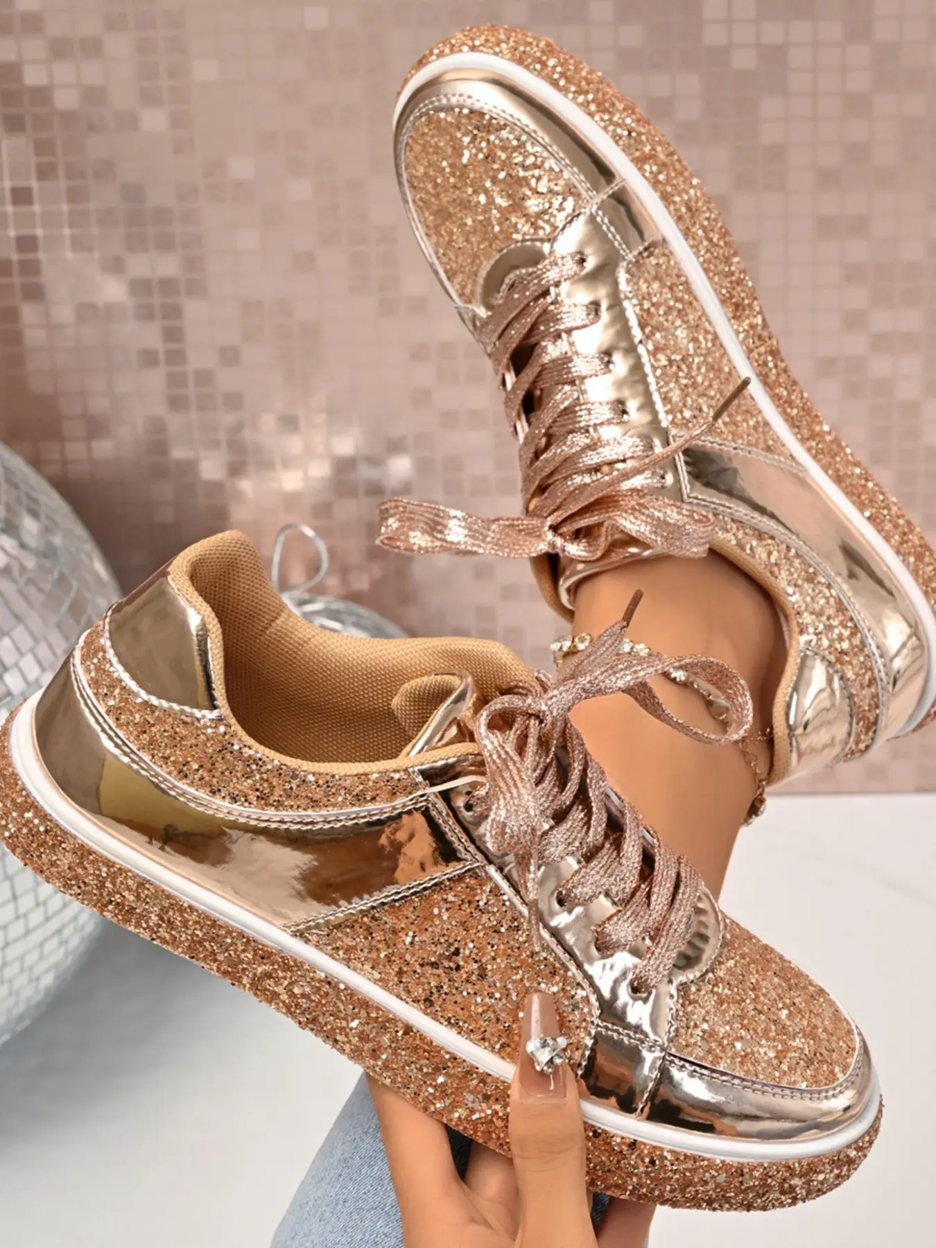 Rose Gold Sequin Sports Shoes, Soft Sole Comfortable, Casual Board Sneakers for Women, All Seasons, Versatile and Fashionable