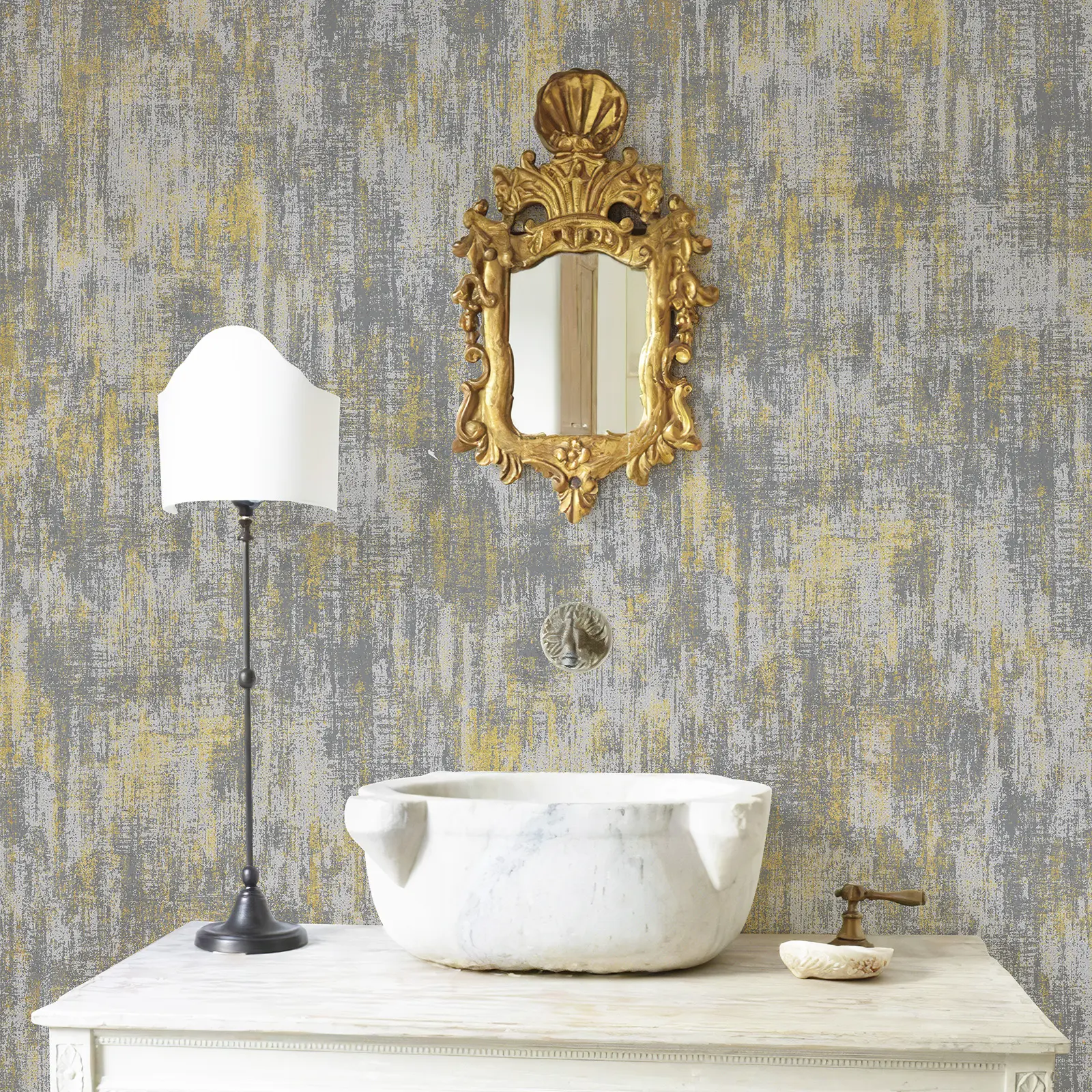 Gray-Gold Peel-and-Stick Indoor Wallpaper, Distressed Metallic Textured Self-Adhesive Waterproof Wall Covering for DIY Users, Easy-Install Multi-Size Bedroom, Modern Accent Wall Decor