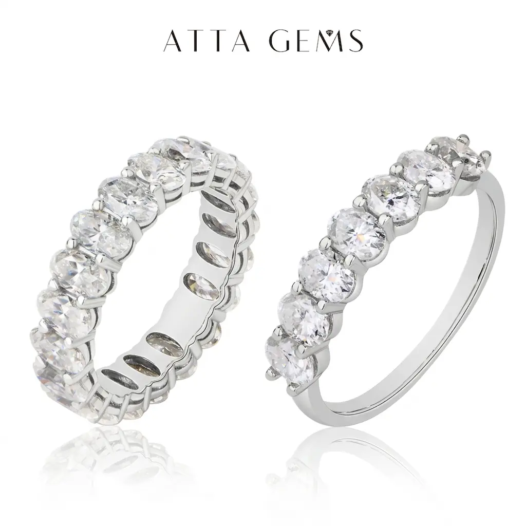 ATTAGEMS Oval Cut 1.8CT Half Eternity Band D VVS1 Synthetic Moissanite Ring for Women copper 14K Gold Plated Wedding Matching Band Fashion Jewelry Gift RU01 summerwins