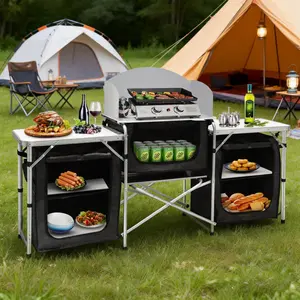 Slendor Camping Kitchen Table Foldable Camp Table with Windscreen 3 Storage Cupboards Multifunctional Portable for BBQ Party Picnics Outdoor Activities