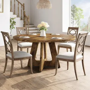 47-Inch Round Dining Table, Wooden Kitchen Table for 4, Farmhouse Dinner Table with Wooden Top and Legs for Home Dining Room or Living Room - Rustic Brown(Only Table)