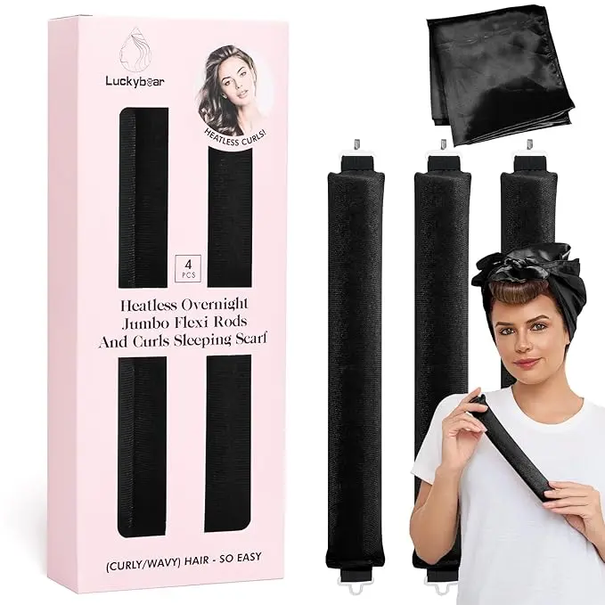 Heatless Hair Headband Jumbo Set, Overnight Rods for No Heat Curls - Velvet Satin Flexi Rods Sleep in Curlers Blowout, Hair Styling Accessories with Silk Scarf 4pcs Black