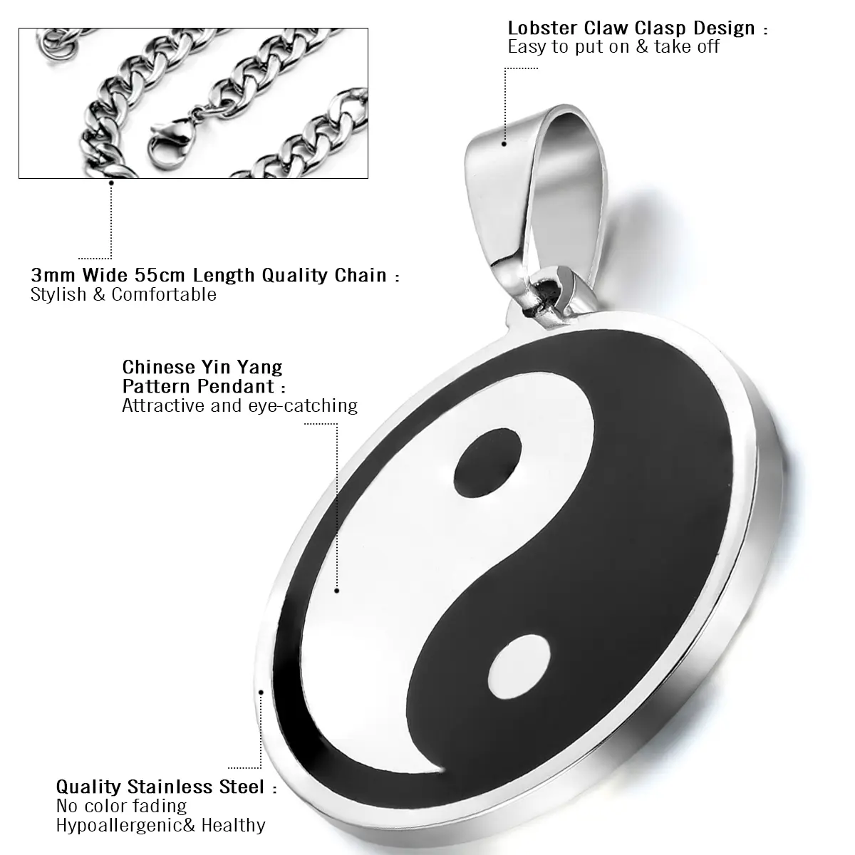 OIDEA Yin Yang Pendant Necklace, Vintage Ethnic Stainless Steel Tai Chi Jewelry for Men & Women, Tarnish-Proof with 22 Inch Chain, Cultural Gift, Spiritual Jewelry, Casual, Bagua Charm, Gifts, Unisex, 0.32–0.64 Oz, Bagua Symbol, Birthday, 1.2" X 1.0", Eve