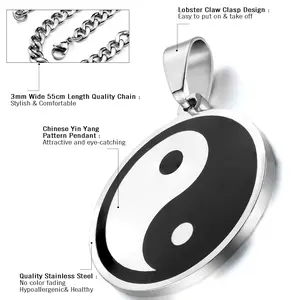 OIDEA Unisex Stainless Steel Yin Yang Bagua Motif Pendant Necklace, Vintage Ethnic Style Tai Chi Charm with 22-in Long Casual Chain, Meaningful Gift Idea