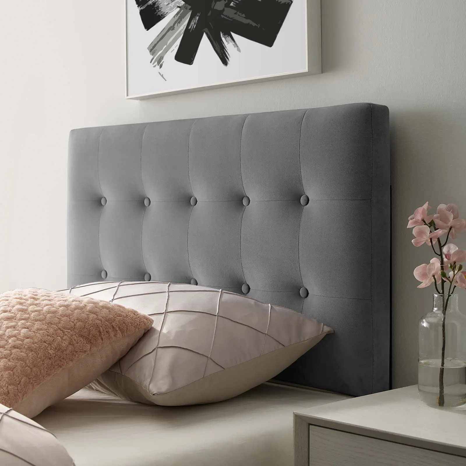 Modway Emily Twin-Size Modern Biscuit Tufted Performance Velvet Headboard with Foam Padding, Gray