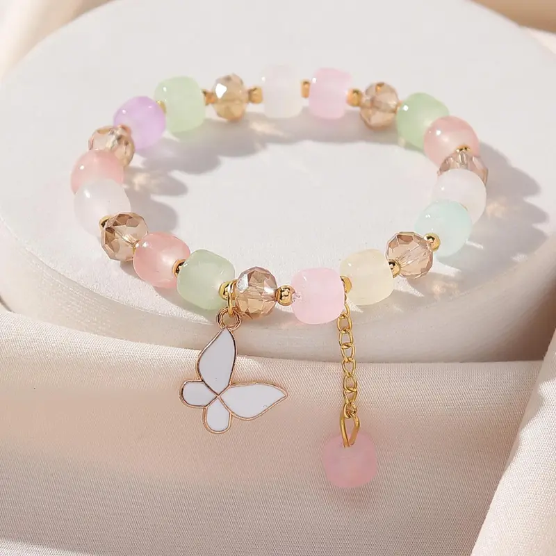 Fashion Oil Drip Butterfly Charm Beaded Bracelet, 1 Piece Casual Summer Beach Vacation Accessories, All-match Jewelry for Women and Girls, Creative Holiday Birthday Gifts, Stackable Bracelets, Beads Bracelets, Butterflies Bracelet