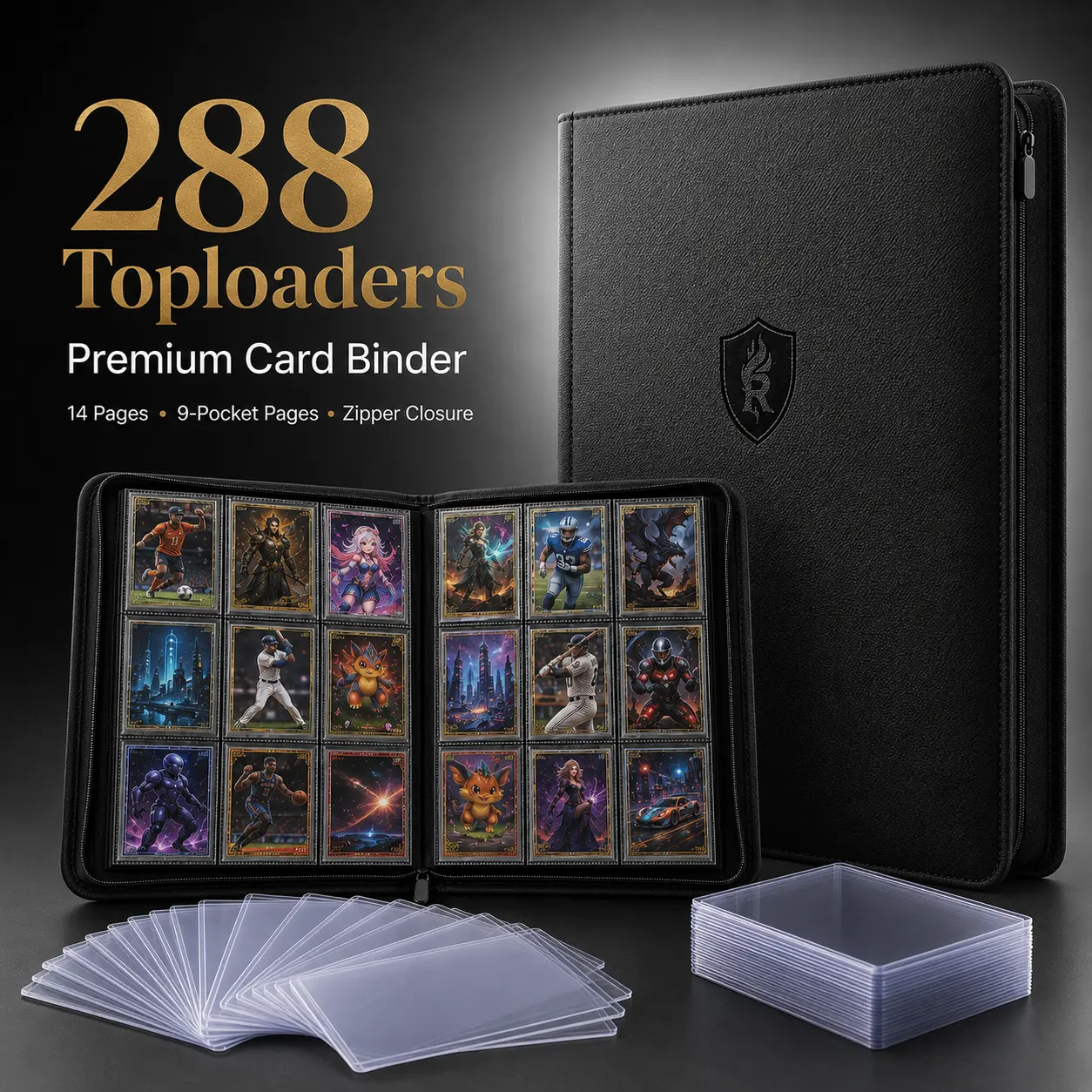 HOLDS 288 TOPLOADERS Binder with Zipper, 9 Pocket Double-Sided Card Album for Sports Cards, Trading Cards, TCG & Collectibles, Fits 3x4 Top Loaders