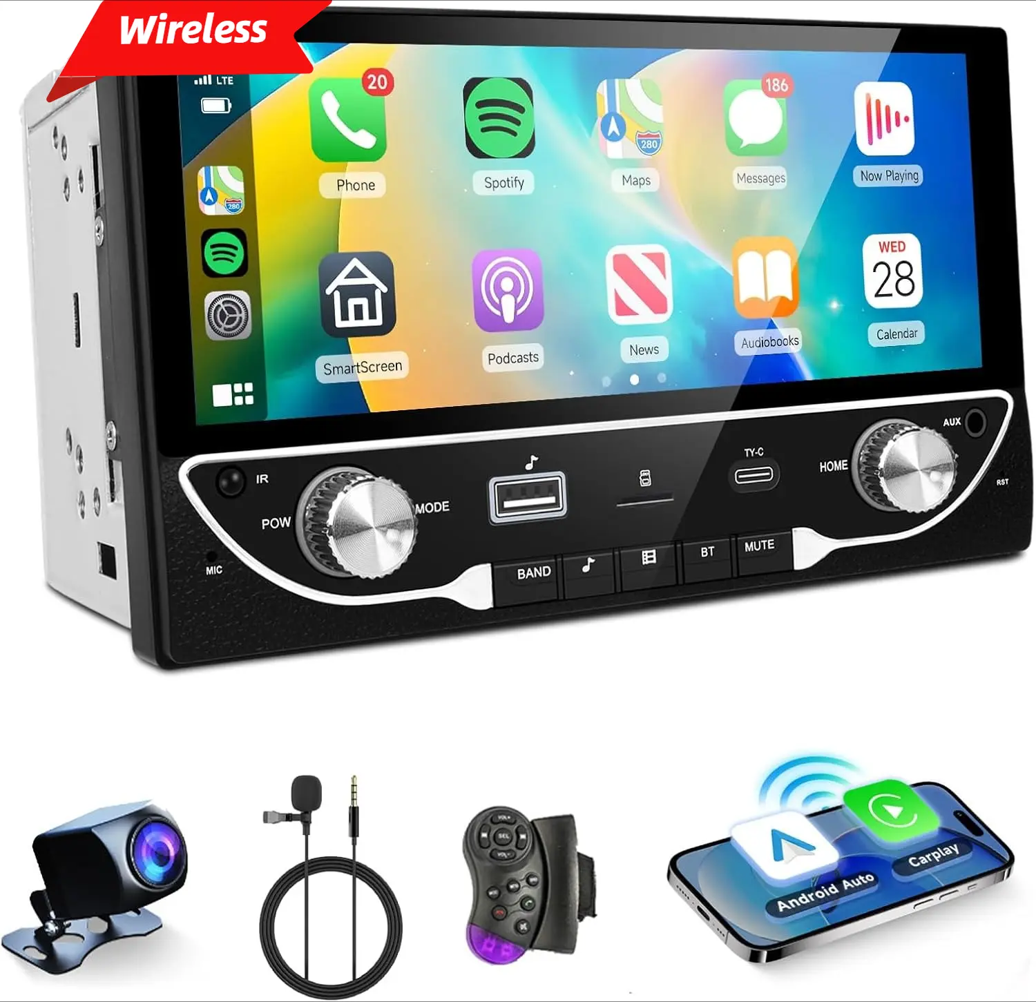 Upgraded Wireless Double Din Car Stereo - 6.86 inch Touchscreen, Android Auto, Bluetooth 5.1, AirPlay/Android Phone MirrorLink, Backlit, EQ Sound, FM Radio, USB-A/USB-C Fast Charging, Backup Camera, SWC, Car Audio (SummerVibes Father's Day Gift), Cars