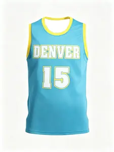 Men's Denver 15 Lake Blue Basketball Jersey, Sleeveless Mesh Breathable Sport Top, Vintage Streetwear Training Team Uniform