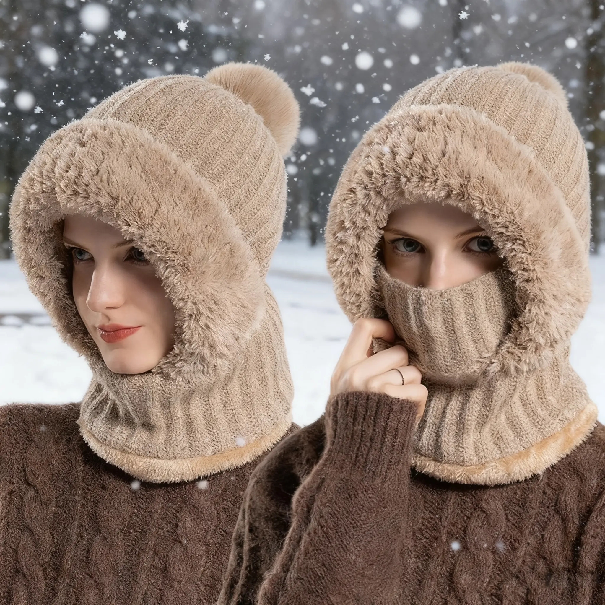 Winter & Autumn Knitted Scarf-Hat Combo: Fleece-Lined, Thickened Warm Wool Hat with Face Cover for Outdoor Cycling, Windproof Ski Mask, Cold-Weather Face Shield, Winter Scarf Hat for Outdoor Sports Protection