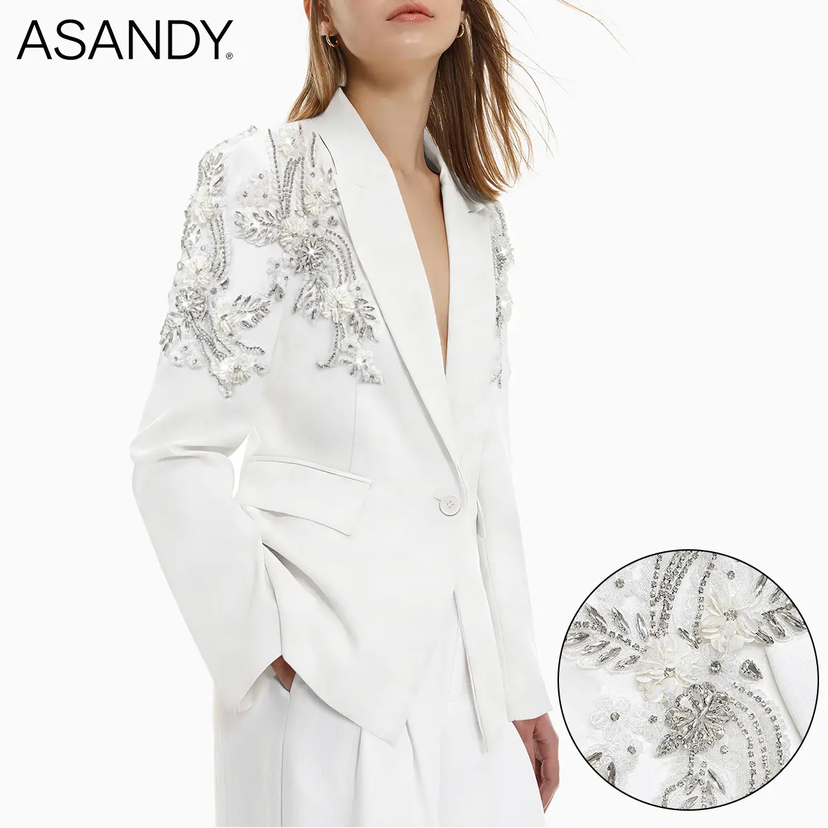 ASANDY Women's 2-Piece Oversized White Long-Sleeve Button Blazer & Matching Vest Set, Hand-Beaded 3D Floral Embellishments, Elegant Suit for Bridal Showers, Wedding Events