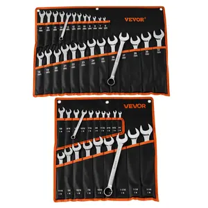 VEVOR Combination Wrench Set, 44-Piece SAE and Metric, 12-Point Box End and 15 °   Angled Open End Combination Wrenches with Roll Up Pouch, Carbon Steel, for General Household and Automotive Repairs
