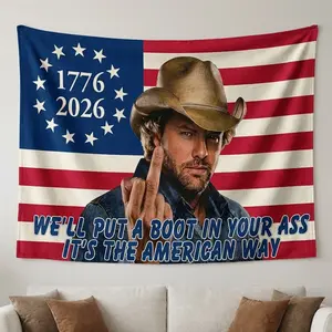USA Patriotic Cowboy Tapestry Flag, 1776-2026 American Banner Funny Country Wall Hanging Independence Day Decor