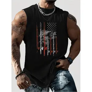 Men Black Sleeveless Tank Top with Muscle Skull Design and American Flag Soft Casual Ideal for Gym and Summer Activities