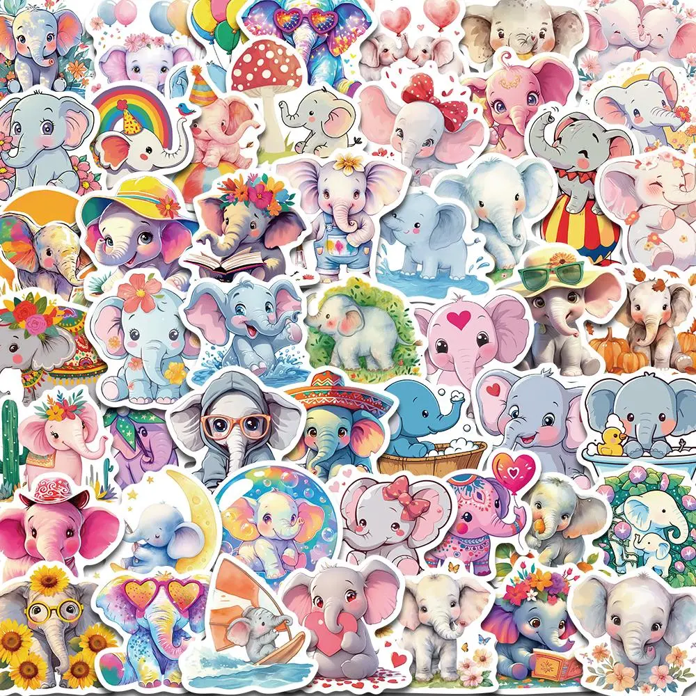 Cute Elephant Pattern Sticker, 50pcs/set Waterproof Self Adhesive Decor Paper, Decor Sticker for Gift Greeting Card Water Bottle Laptop Phone, Ornaments