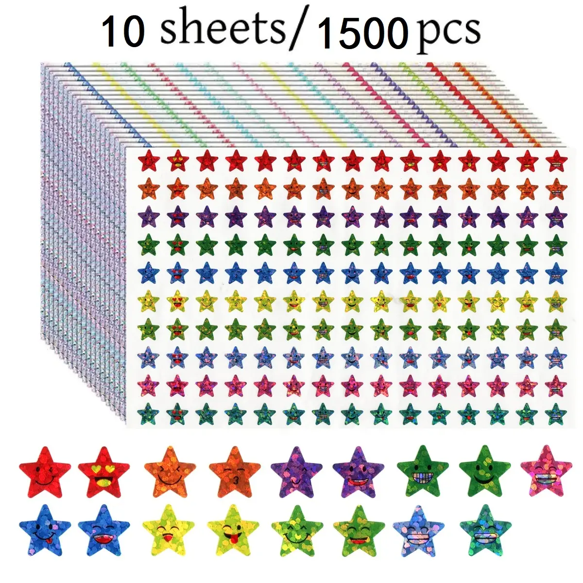 Star Shaped Sticker (10 Sheets/1500pcs), Holographic Laser Sticker, Decorative Sticker for Classroom Rewards and Behavior Charts, Funny Stickers, High Adhesive Stickers, Sticker Packs