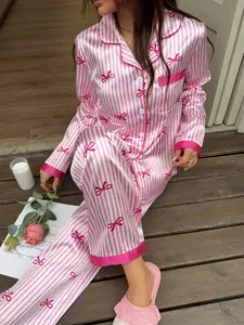 Bow Striped Print Long Sleeve Collared Pajama Set for Women, Casual Loose-Fitting All-Season Sleepwear, Loungewear, Button Front Design, Pjs, Pajamas Sleepwear