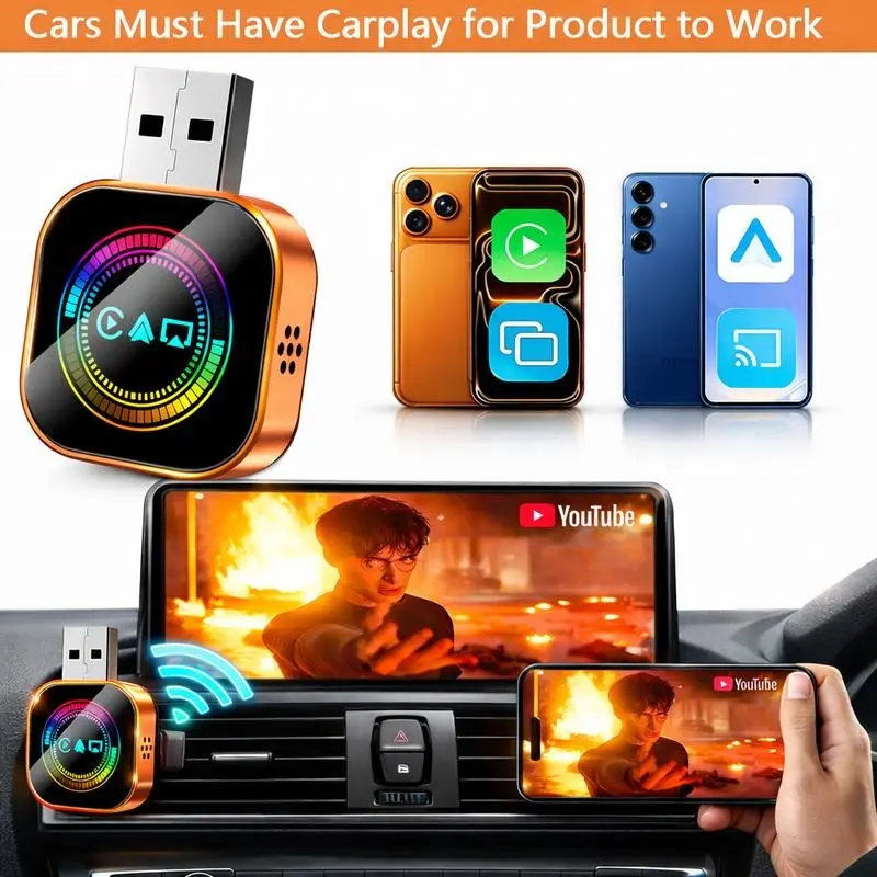 2026 4-in-1 AirPlay upgraded with wired-to-wireless CarPlay adapter, Wireless Carplay Dongle, Carplay Dongle Connectivity, fast connection, no delay, hands-free calling, universal charger, CarPlay car accessory, heat dissipation function, Car Gadgets