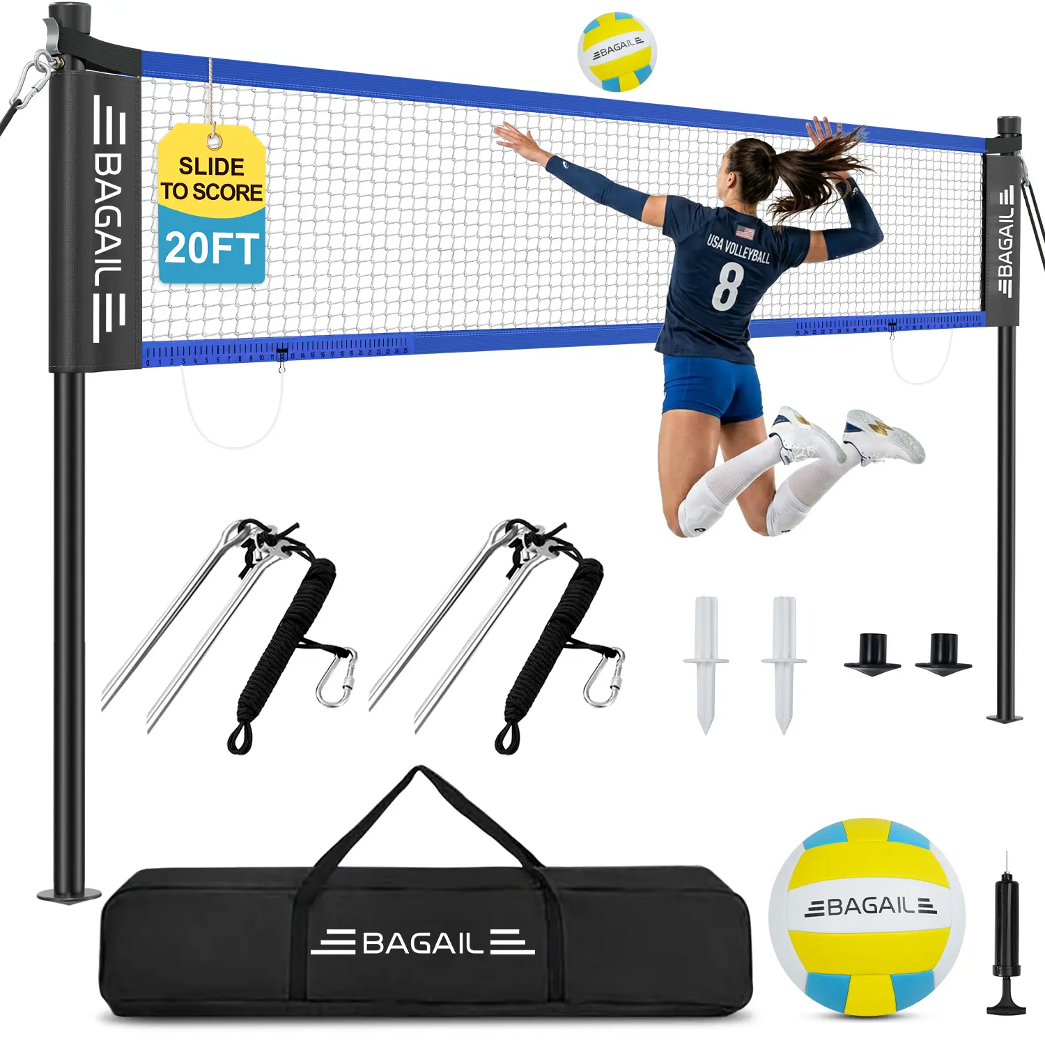 BAGAIL Outdoor Volleyball Net Set 20FT/32FT, Portable for Beach, Backyard | Complete Kit with Carry Bag, Ball & Pump, Integrated Scoring System, Anti-Sag, All-Weather Durability, Easy 5-min Setup tiktokshopbacktoschool