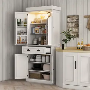 71" White Tall Kitchen Floor Pantry Cabinet with LED Lights – Features 6 Door Shelves, 1 Storage Drawer & 4 Adjustable Shelves – Illuminated Freestanding Food Organizer for Dry Goods, Canned Foods, Spices & Small Appliances