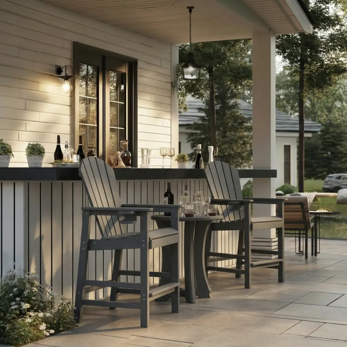 American Casual HDPE Bar Height Adirondack Chair - 1-Piece Gray Outdoor Chair with Slats, Wide Arms, High Back, Cup Holder, Waterproof Ergonomic Design for Decks, Poolside Use, One-Piece, Hdpe Polywood