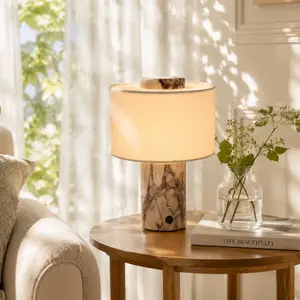 Luxury Cordless LED Table Lamp with Premium Natural Stone Base, Panda White, Travertine & Volakas Marble Design, 4000mAh Rechargeable, 3 Color Temperatures & Stepless Dimmable Touch, Fabric Shade Bedside Lamp Home Decor Gift