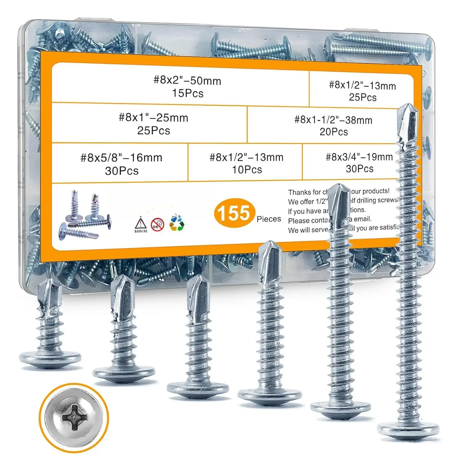 Sheet Metal Screws Assortment Kit,#8 Self-Tapping Screws Set for Metal,155pcs,6 Sizes(2'',1-1/2'',1'',3/4''5/8'',1/2'') Truss  Zinc-Plated Self-Drilling Tek,for ,Metal,Plastic