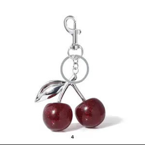 Silver Cherry Keychain with Red Balls and Leaf Design