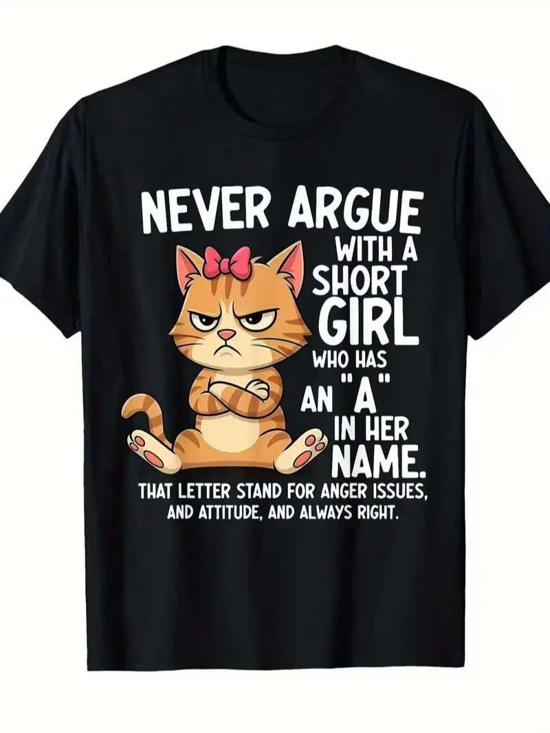 2026 Men's Angry Cartoon Cat Graphic T-Shirt Funny Quote Black Tee for Cat Lovers Casual Crewneck Soft Breathable Fabric Machine Washable