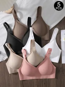 1/2/3/4/5 Piece Set Women's Casual Solid Color Seamless Full Coverage Bralette, High Quality Wireless Cups with Max Support, Everyday Comfort