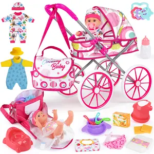 Baby Doll Stroller Set with 12.5" Doll, Baby Dining Table, Backpack with Carrier, 21 PCS Baby Doll Accessories Stroller Toys, 2 Sets Doll Clothes, Feeding Set Girls Toddlers Gifts for Pretend Play, #SummerVibes