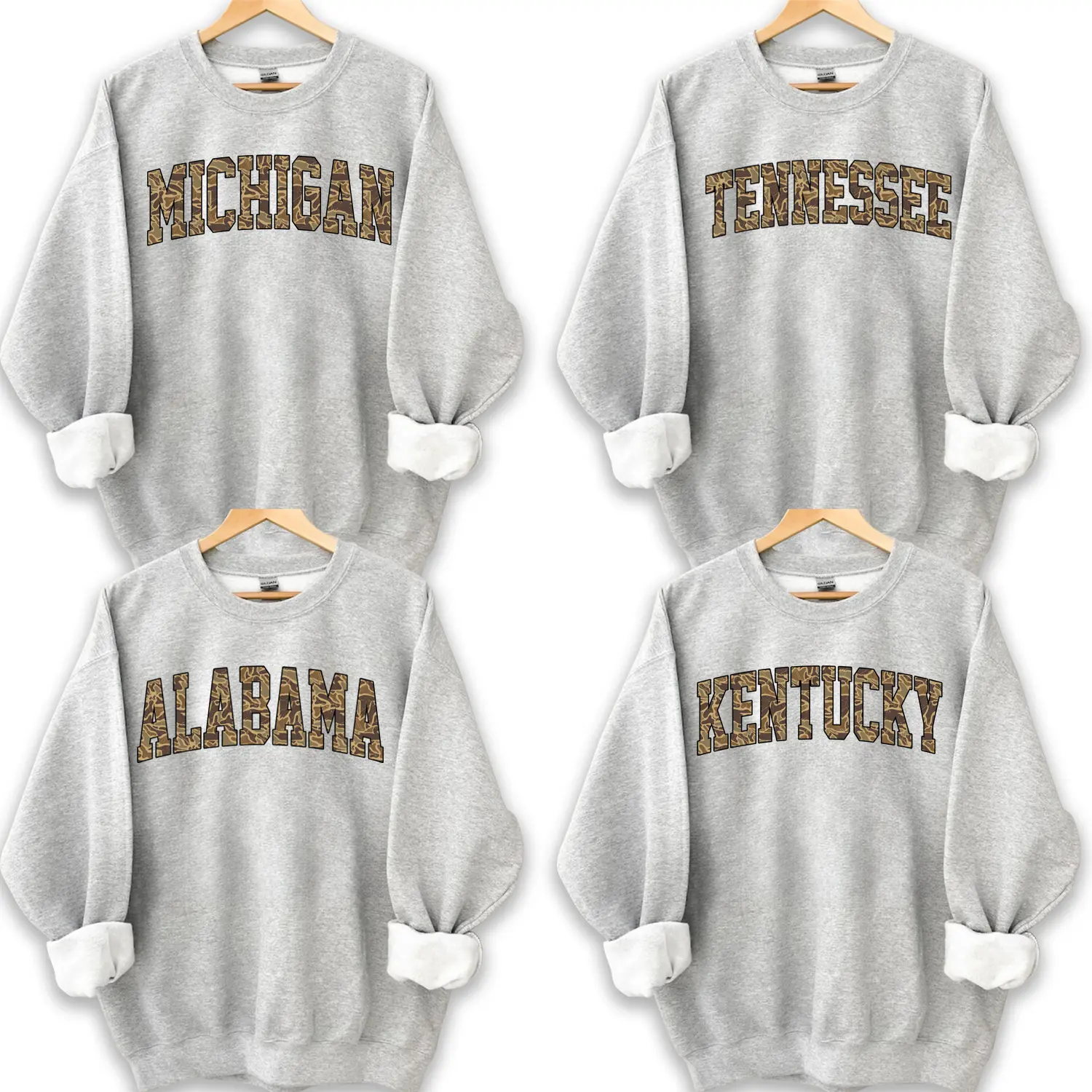 Custom Camo State Name Sweatshirt – Vintage College Varsity Pullover with Camouflage Letter Design, Unisex Graphic Fleece Crewneck, Perfect Gift for Students, Alumni & State Pride Fans