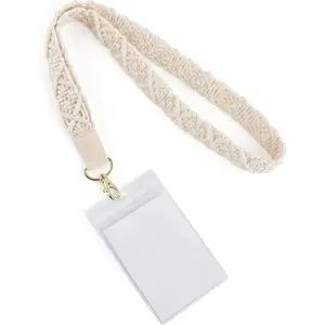 Macrame Lanyard Holder Neck Lanyards for ID Badges Keys Key Chain Boho Style Long Lanyard Strap for Women Teacher Employee Student, 17.9"