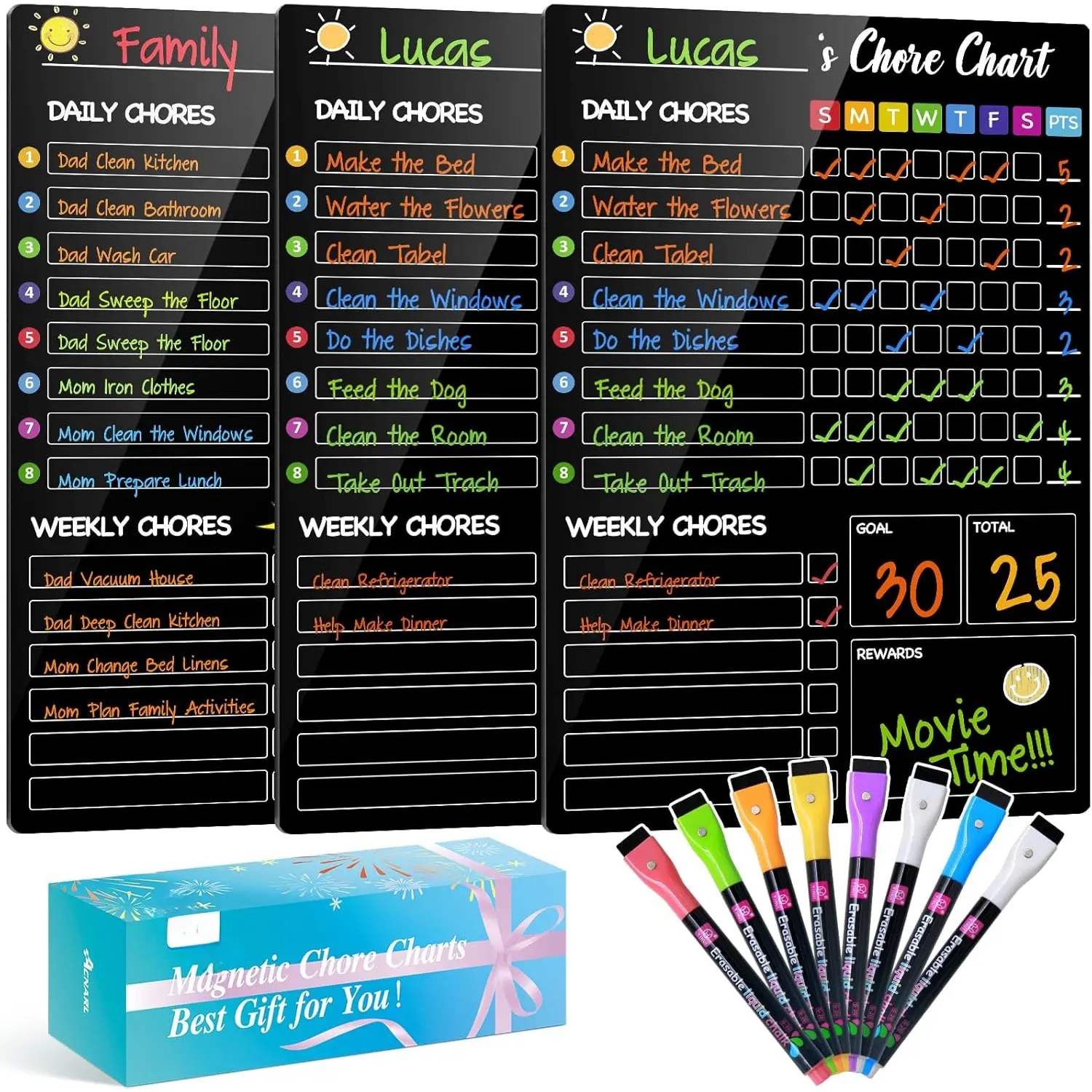 Chore Chart for  with 8 Markers,3 Pack 8"x12" Chore Chart for  Multiple , Behavior Chart for  at Home, Responsibility Chart for /Teens/Adults, Black Chore Board