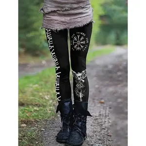 High-waisted graphic print leggings in a Viking–Gothic style, casual skinny stretchy tights for daily wear, women’s clothing fabric/womenswear, black biker bottom, polyester
