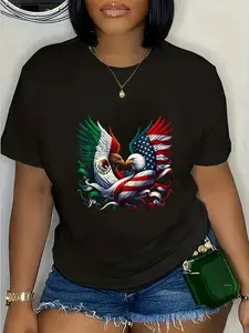 Menswear 100% Cotton Unisex Round Neck Short-Sleeve Distressed America-Mexico Flag Graphic Tee, Mexican Roots Casual Tshirt