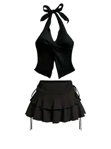 Women's Solid Tie Shoulder Crop Tank Top & Belted Skirt Two-piece Set, Sweetheart Neck Sleeveless Top & Ruffle Trim Skirt, Ladies Summer Clothes, Womenswear