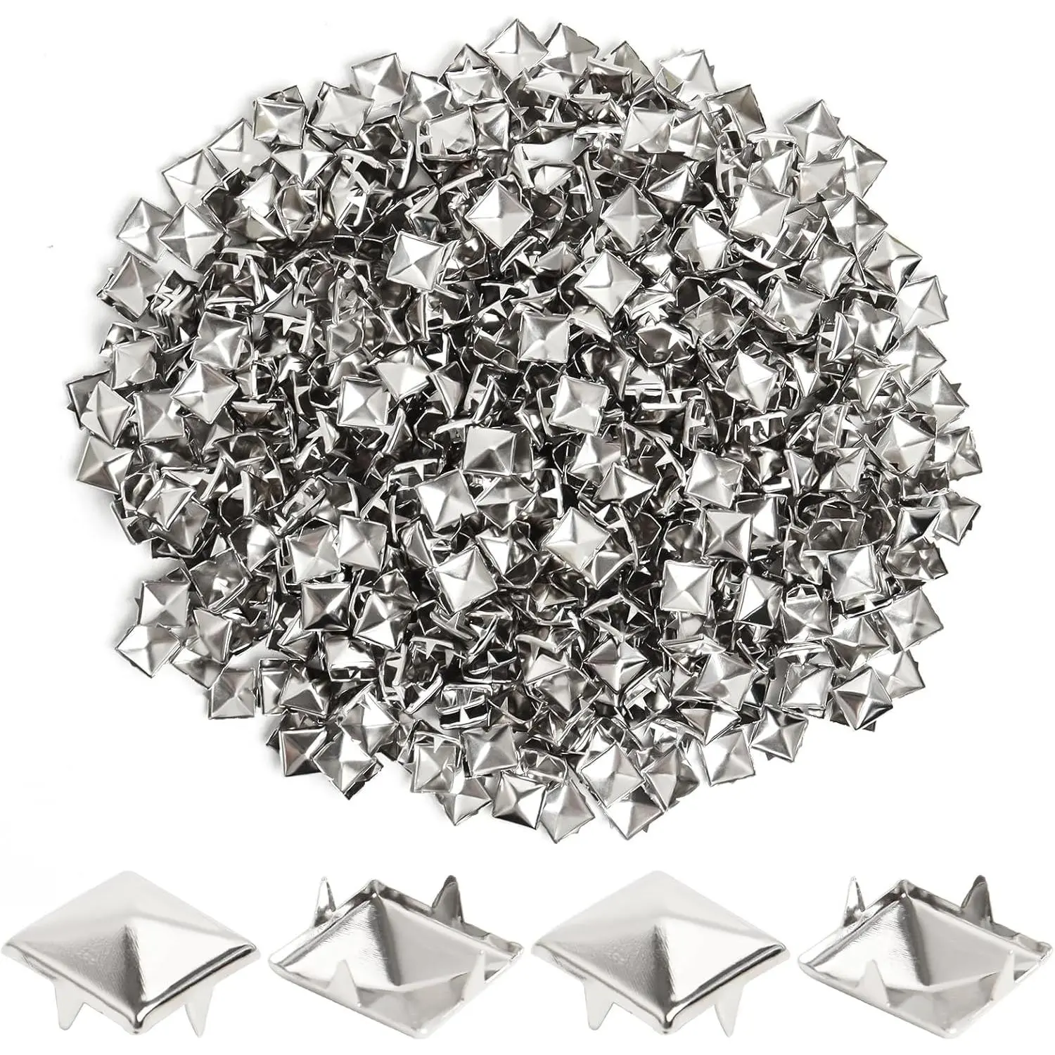 200 count 10mm  Studs for Clothing Four-jaw Square Punk Spikes Pyramid Studs Rivets for Shoes, Jackets, Backpacks Leather Crafting
