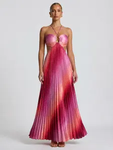 LikeMyChoice 2026 Halter Cutout Ombre Pleated Maxi Dress - Satin Party Vacation Gown