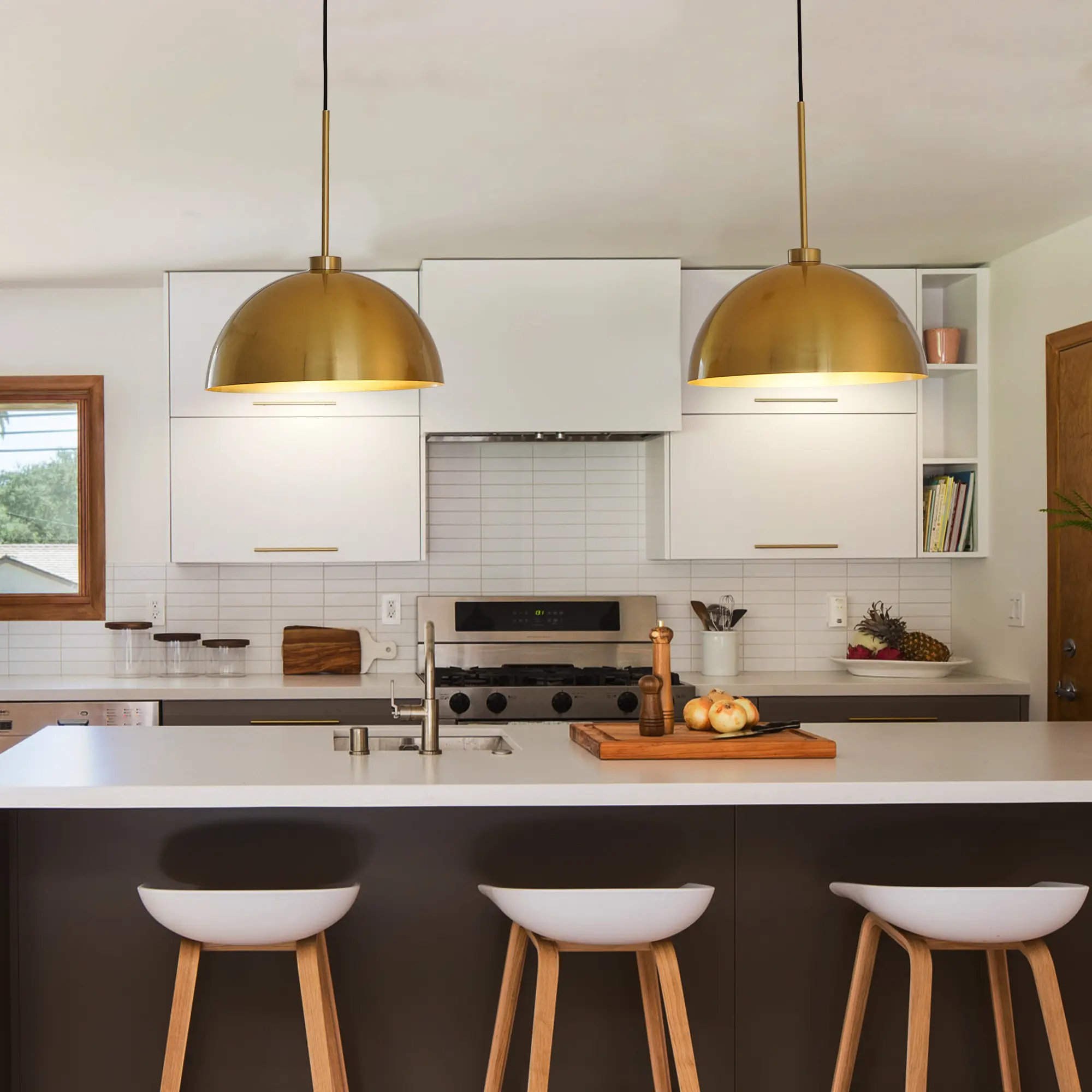 2-Brushed Gold Dome Pendant Chandelier, Adjustable Corded Industrial Metal Kitchen Island Light Fixture, E26 Base, Dimmable Linear Accent Lighting, Chic Farmhouse Chandelier-Style Pendant for Dining Room, Home Decor, Chandelier Style Pendant Lights