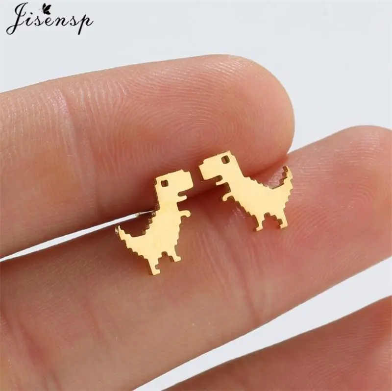 Cute Golden Stainless Steel Dinosaur Earrings for Women Girls Jewelry Minimalist Animal Earings Studs Kawaii Accessory Brinco